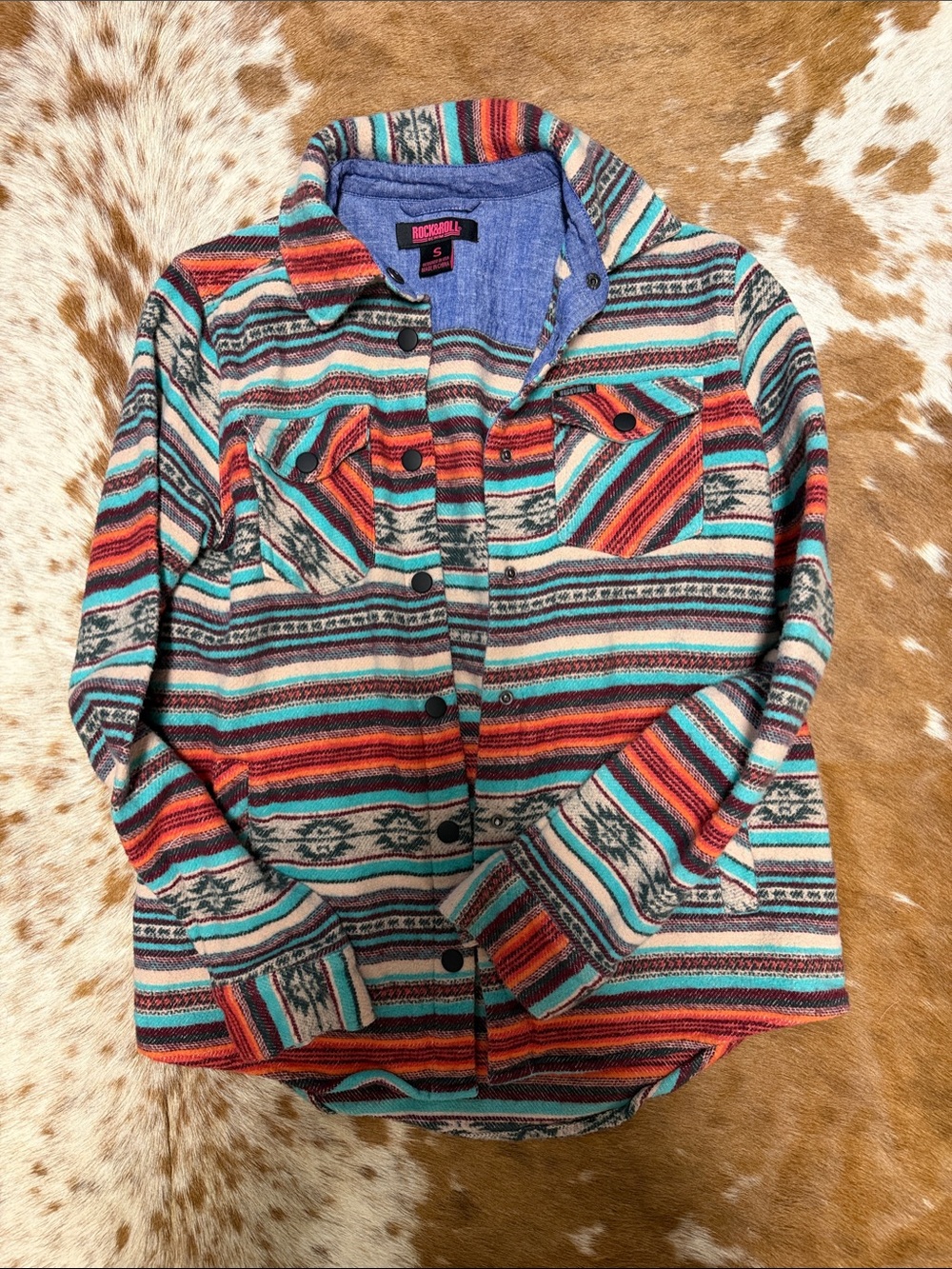 Rock & Roll Denim Light Jacket Southwestern Stripe in Turquoise & Red